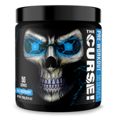 A black jar of JNX Sports The Curse Pre 50 Servings features a menacing blue skull on the label. This Blue Raspberry flavor pre-workout boosts pumps and focus, offering 50 servings per 250g (8.8 oz) container.